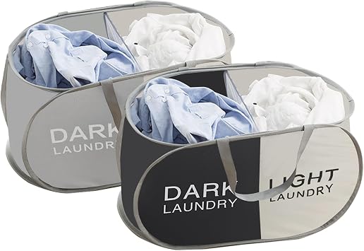 Foldable Laundry Basket, Popup and Collapsible, Easy to Carry Handles, 2 Compartment Hamper for College Dorm, Laundry Room