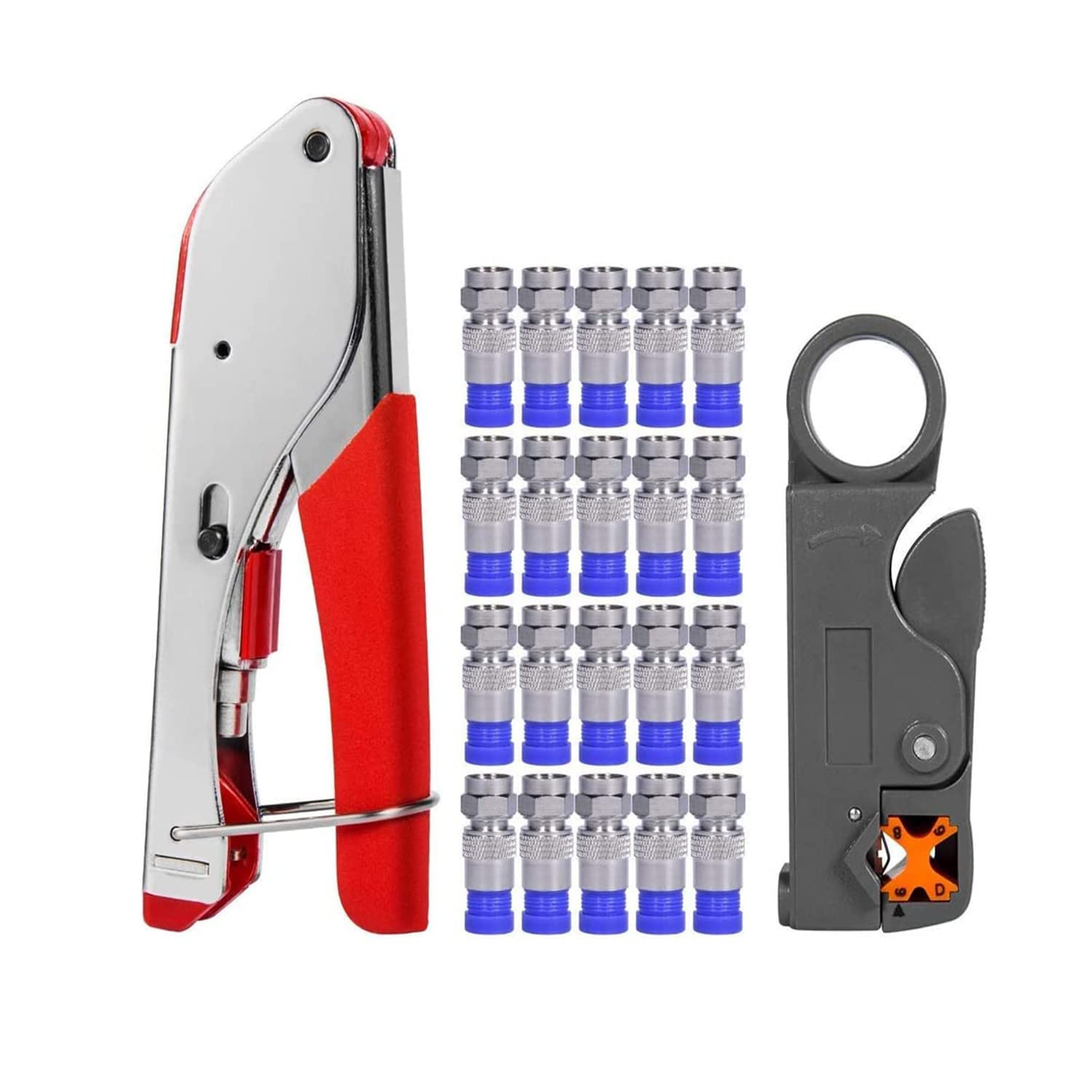 DMG Crimping Tool Kit, Coaxial Cable Crimper Cutter with 20pcs Connectors, Non-Insulated, Insulated, Ferrule Terminals, Self-adjustable Ratchet Wire Tool for RG59/RG6 Coaxial Compression Connections