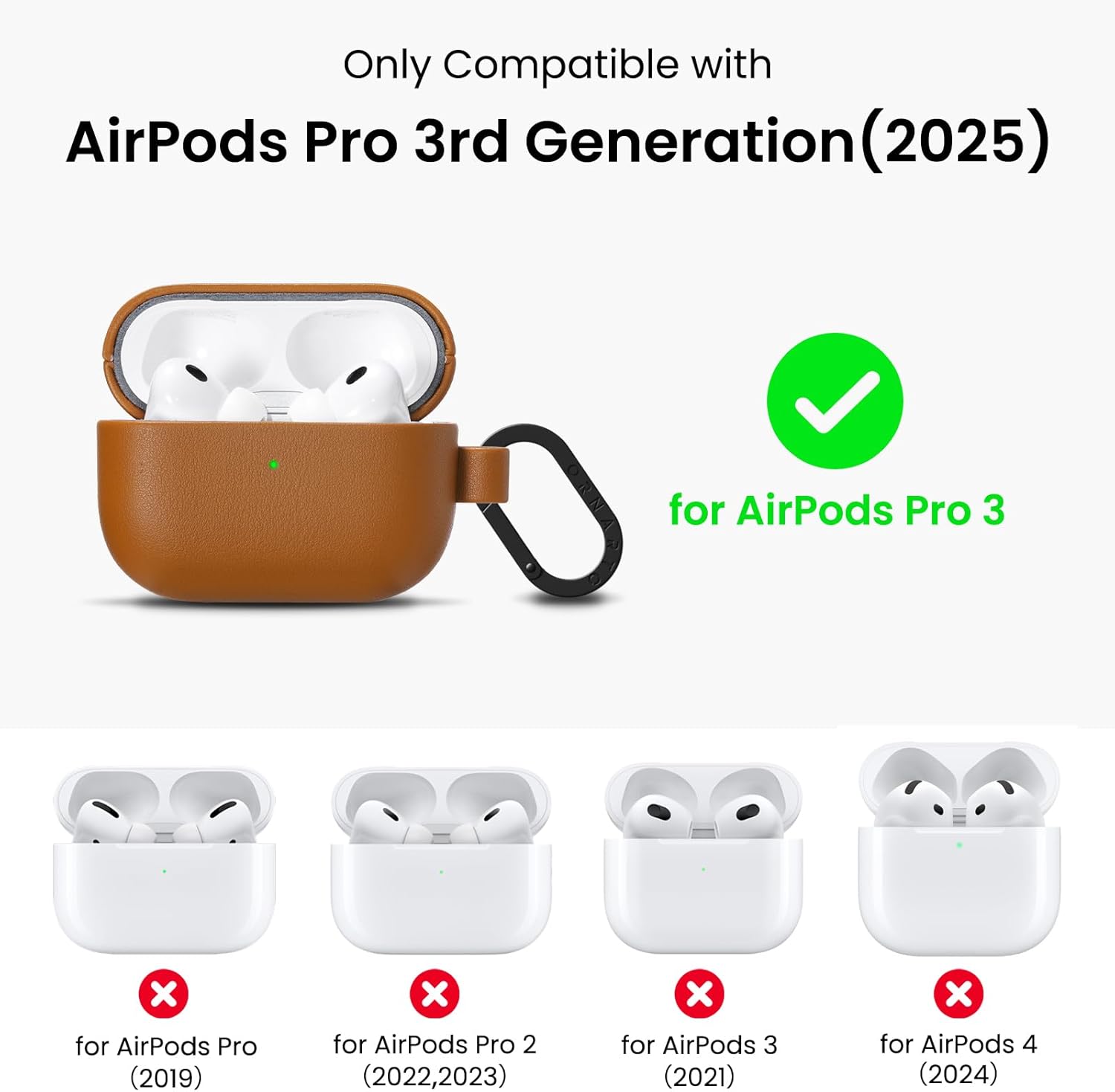ORNARTO Compatible with AirPods Pro 3 Case, Full Protective Vegan Leather Cover for Airpods Pro 3rd Generation (2025), Front LED Visible, Brown Leather