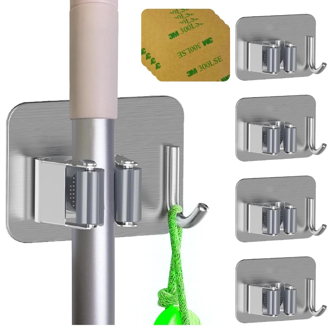 Set di 4 ganci per scopa e mozzi adesivi, organizer e supporto scope da parete adesivo, appendere e sostenere scope, scopino da parete - Porta scopa per appendere scopa e mocio (grigio