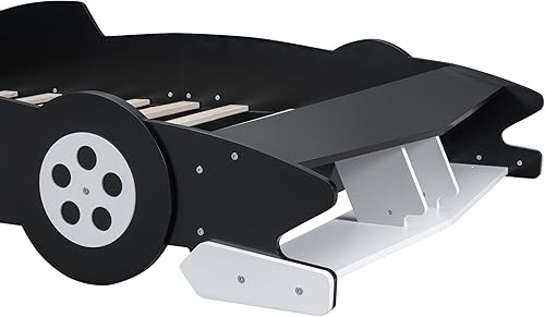 Miniatura 6 de Cama de plataforma en forma de auto de carreras con ruedas, cama de plataforma de tamaño matrimonial con soporte de listones de madera y barandillas