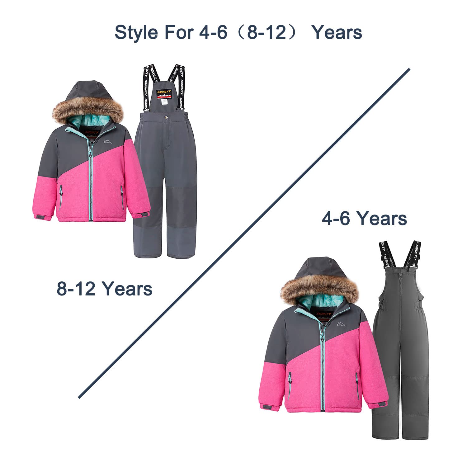 SMONTY Traje de nieve para niños para niñas Conjunto de chaqueta y pantalones de esquí de invierno Conjunto de correas con capucha A prueba de viento Impermeable Cálido (3-4, Gris Rosa)