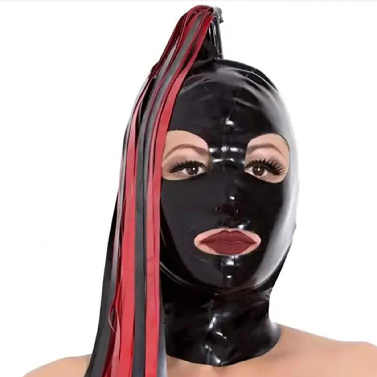 PRLBESL Latex Hood BDSM Latex Head Cover Open Eyes Mouth with Wig Handmade Special Cool for Club Wear Unisex(Size:S-63CM)