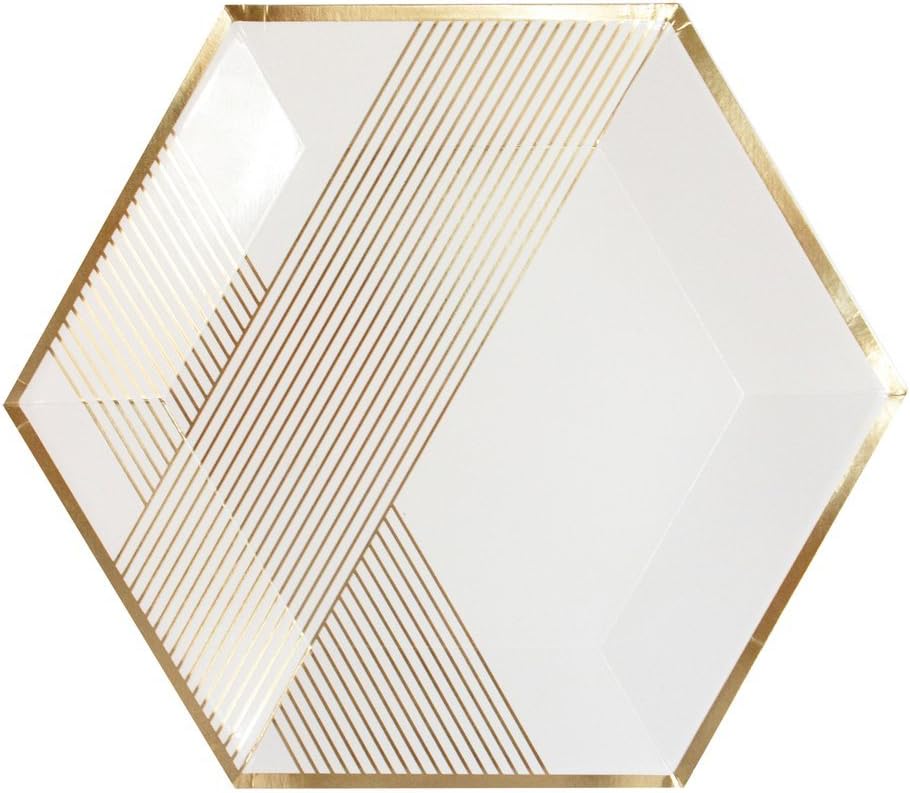 Harlow & Grey Blanc White Gold Striped Large Paper Plates - Birthday, Wedding, Showers Disposable Party Plates - (24 Count)