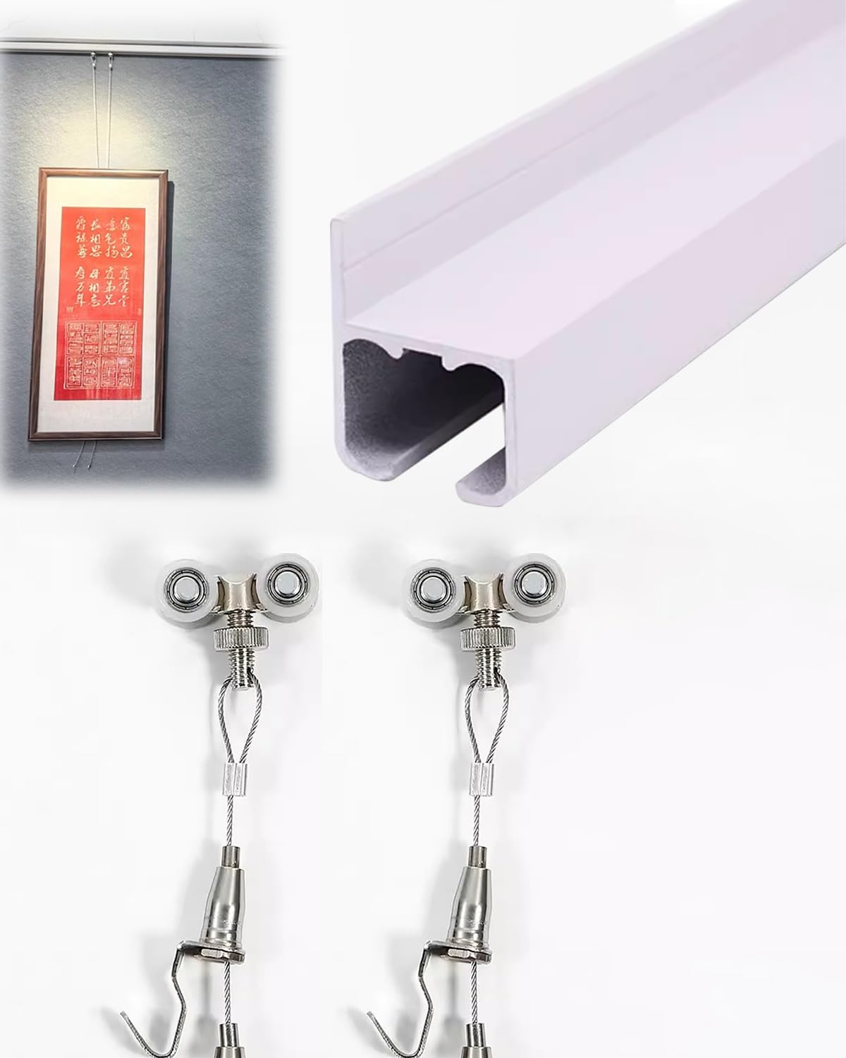 Rail d'accrochage pour tableaux, Kit de système de suspension for cimaises avec rails de 10 à 50 pouces et câbles de 19,6 à 118 pouces(30"/2.4' Track,78.7"/6.5' Cable)