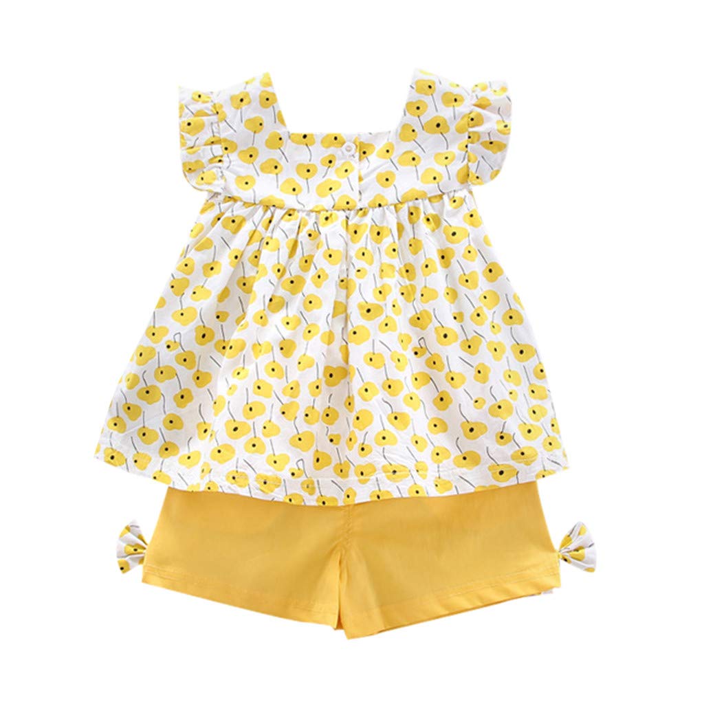 Baby Girls Clothes Set, Children's Girls Flying Sleeve Floral Print Ruffles Tops + Bow Solid Colors Shorts Outfits
