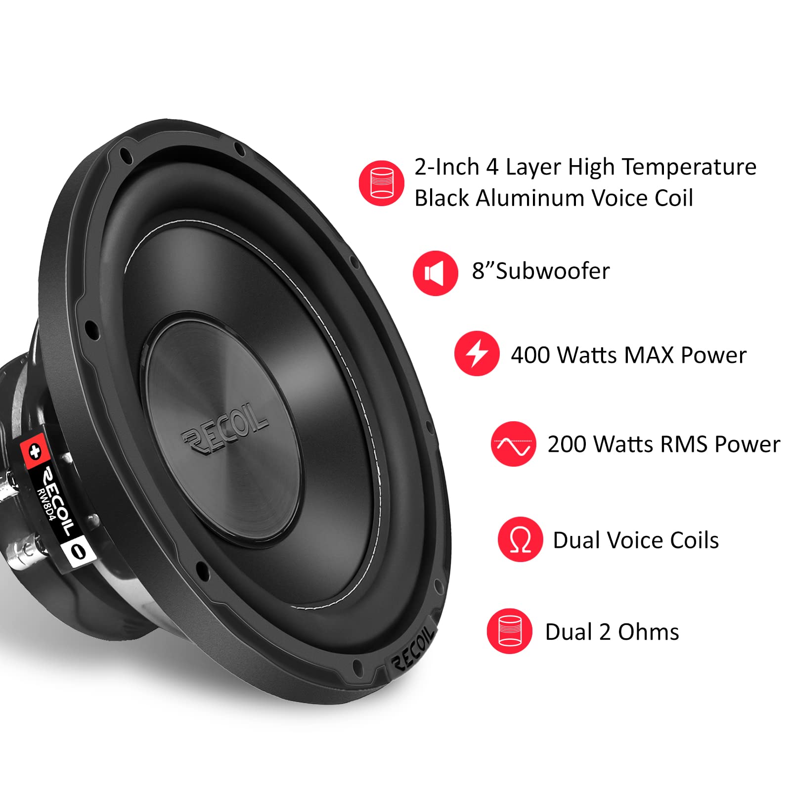 RECOIL IRW8D4 Subwoofer Coche 20cm (8") Doble Bobina 4 Ohm 400W MAX | 200W RMS, Bobina 4 Capas 2", Cono Papel Competición, NBR, Refrigeración Avanzada, Par