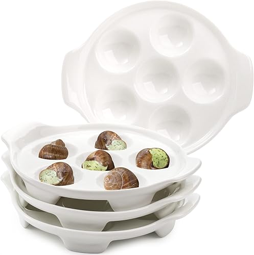 Okllen Paquete de 4 platos Escargot de cerámica con 6 agujeros y asas, plato de caracol de mariscos de 6.5 pulgadas, platos con pies, platos blancos