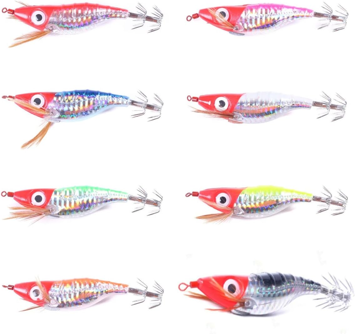 Squid Jig Hook, Fishing Squid Jigs Cuttlefish Lures, Hard Fishing Lures, Luminous Shrimp Prawn Sleeve Jig Hooks for Octopus (Pack of 8)
