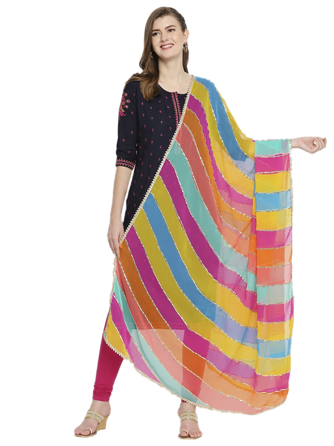 Women's Striped Georgette Dupatta (DB3315_Multicolour_Free Size)-image-35