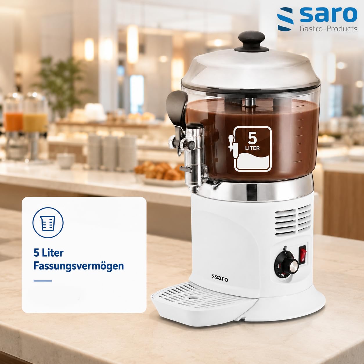 SARO Kakaodispenser – 5 L – Weiß – Rührwerk – Edelstahl-Deckel – Temperatur 30–90 °C – Abnehmbarer Behälter & Zapfhahn – Modell NINA