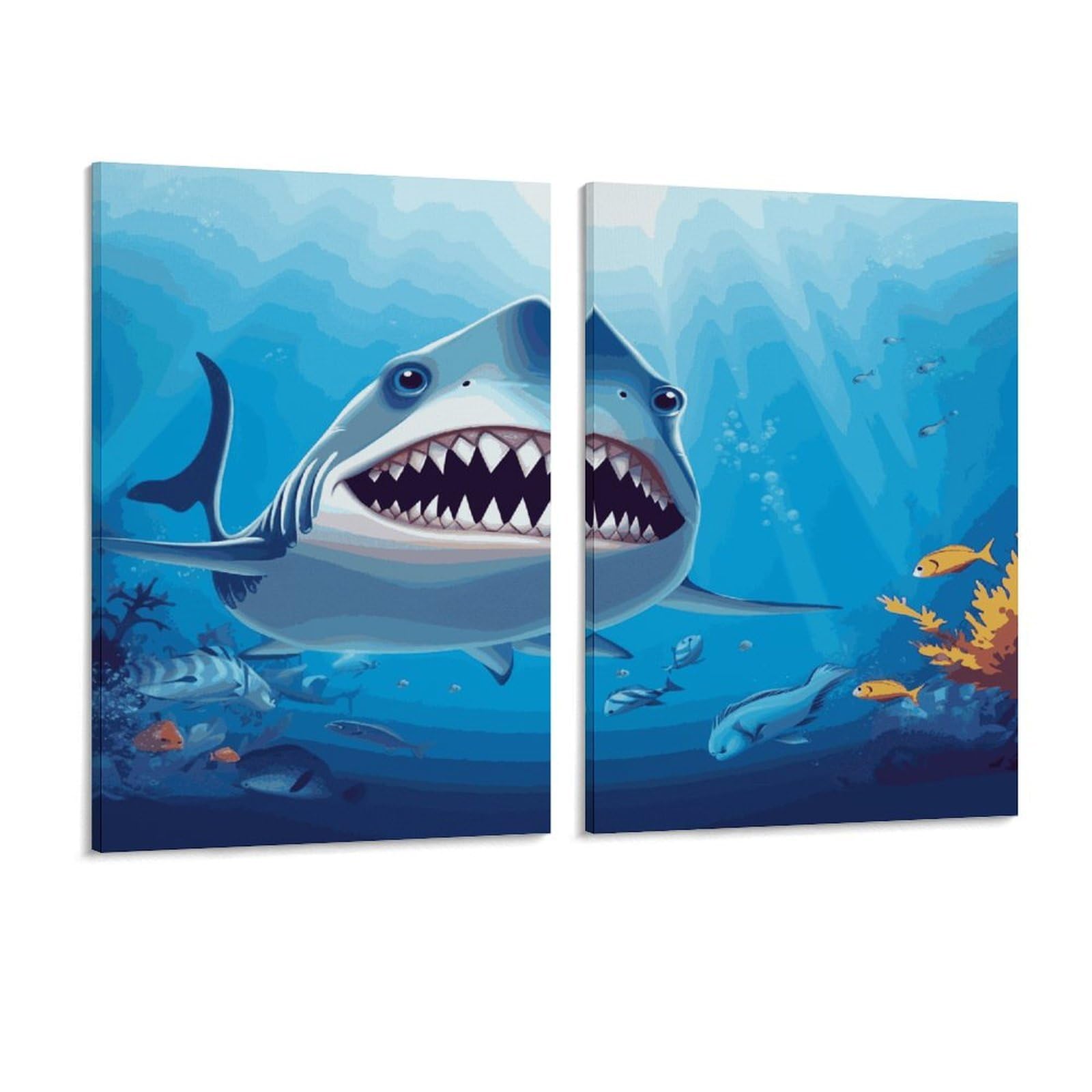 Adfgyerh Style Smiling Shark Wall Art，Canvas Material Bright /Wall Decor Of 2, Each 16X12 Inch -Wall Art Set For Living Room Bedroom Gallery Office Home Décor