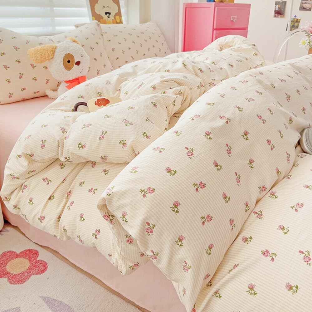 Michorinee Single Duvet Cover Set Pink Rose Stripe Pattern Romantic Floral Girls Flower Beige Bedding Set including Zipper Closure Soft Washed Microfibre Aesthetic Quilt Cover with 1 Pillowcase 50x75 cm - Image 3