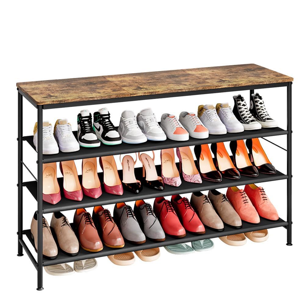 INGIORDAR Shoe Rack Organizer 4 Tier Long Metal Organizer Shelf with Industrial MDF Board and Layer Fabric for Entryway Closet Bedroom Living Room
