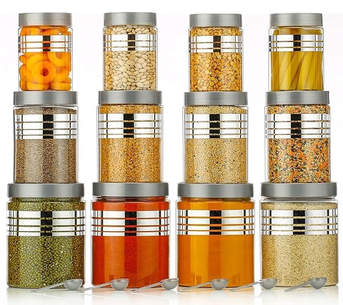 Image of SPECIFY Plastic Pet Storage Jar and Container Set of 12 (4 x 350ml, 4 x 650ml, 4 x 1200ml) With Spoons, Air Tight Kitchen Organiser, Improved Model Silver Line Printed