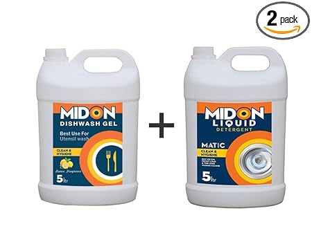 Midon Combo Of Laundry Wash Liquid Detergent 5L And Dishwash Gel 5L | Non Toxic | Top Front Load Cloth Washing Machine with useful for Baby Sensitive Skin | Concentrate Dish Plate pH Balanced Cleaning