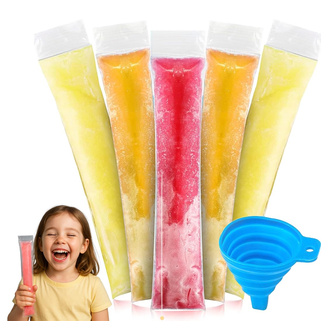 Paquete de 100 bolsas para moldes de helado, con embudo,Moldes para Helados, sin BPA,Molde para bolsas de popsicle,para Yogur,Helado,Jugo(5.5 x 28 cm)
