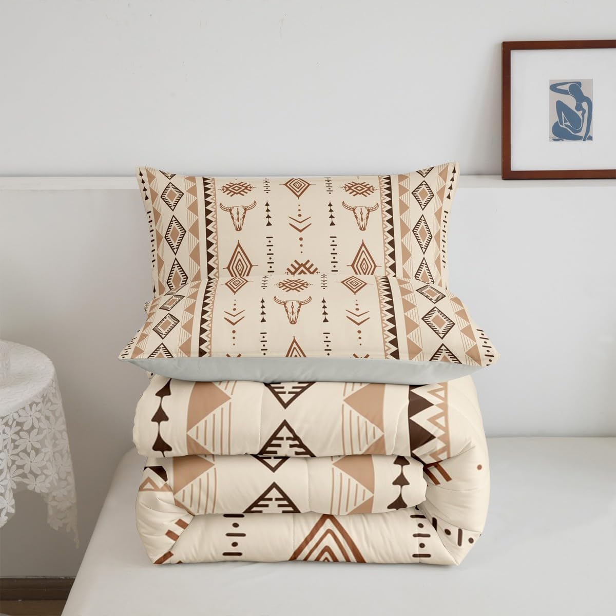 Erosebridal Bohemian Aztec Comforter Set Queen Size, Western Bull Skull Bedding Set for Girls Boys Women Men Bedroom, Geometric Farmhouse Down Comforter, Southwestern Native Quilt - Image 4