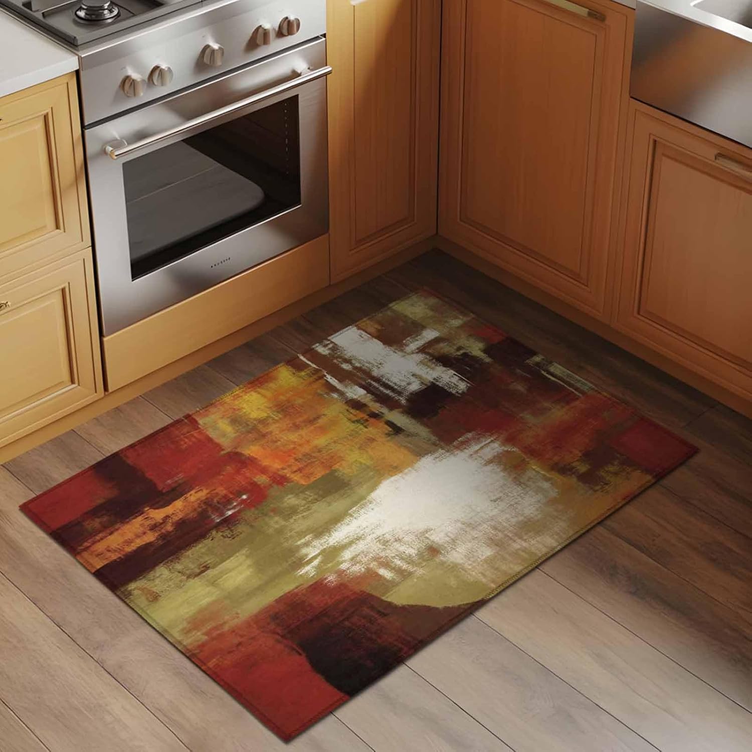 Burnt Orange Bathroom Rug Washable 2x3 Entryway Rug Non Slip Fall Modern Oil Painting Abstract Art Green Brown Front Door Mat Low Pile Indoor Doormat Throw Floor Carpet for Kitchen Bedroom Entrance