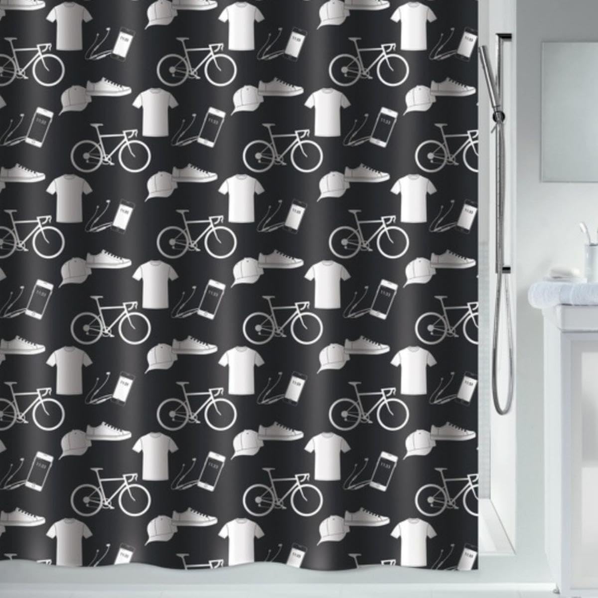 Rideau de douche polyester patchwork noir 240x180cm anti-éclaboussure pour baignoire