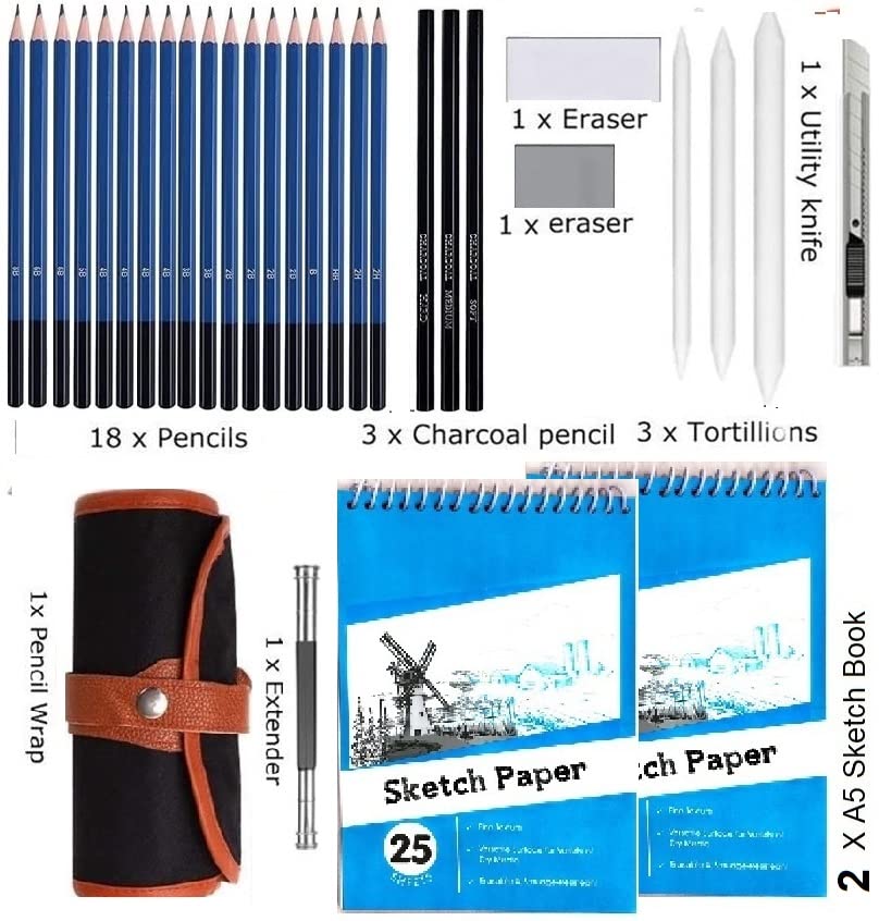 Image of Corslet 31 Pc Sketching Kit Drawing Pencils for Artists Shading Charcoal Pencil A5 Sketch Book Art Supplies for Artist