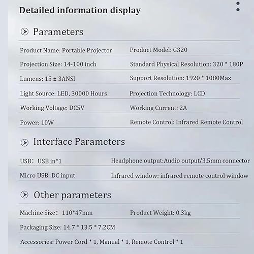 Miniatura 3 de Mini proyector LED G320 Vídeo Beamer Soporte 1080P Pantalla de sincronización USB Smartphone Niños Projetor Home Theater PK YT200 Fácil de usar C,