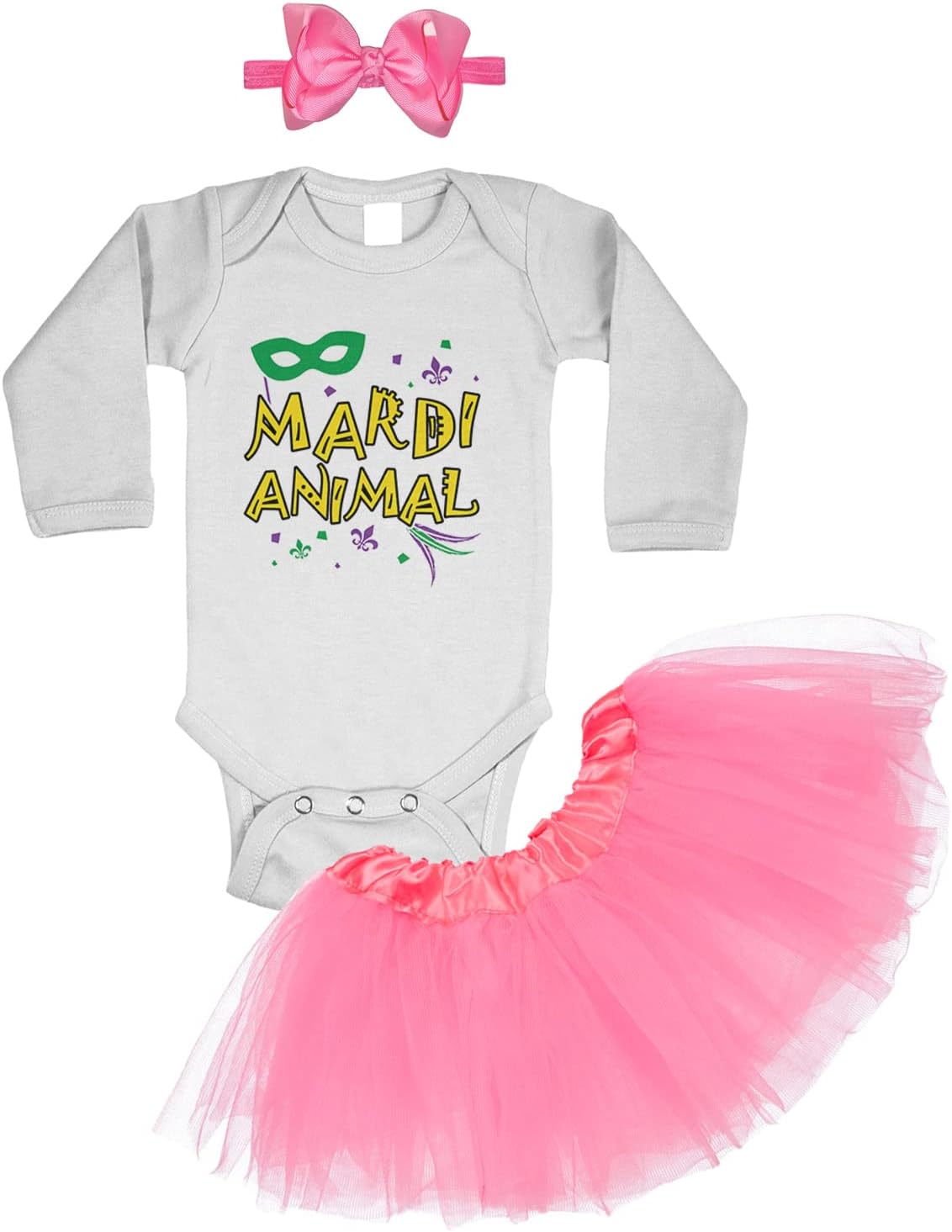Mardi Animal - New Orleans NOLA Fleur De Lis Baby Bodysuit + Tutu Skirt + Bow Headband Set