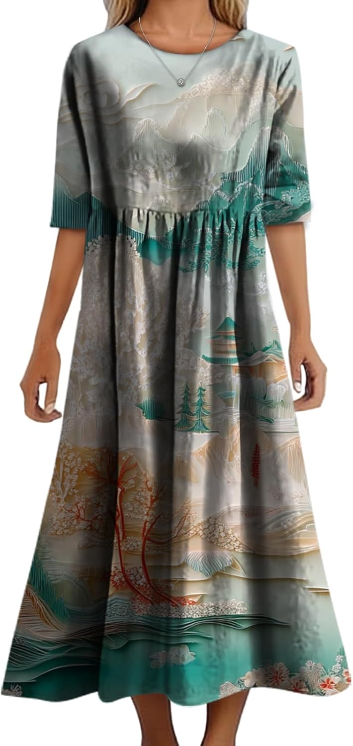 Women's 2025 Summer Flowy Boho Maxi Dress Casual Short Sleeve Crew Neck Ruffle Beach Long Dresses with Pockets