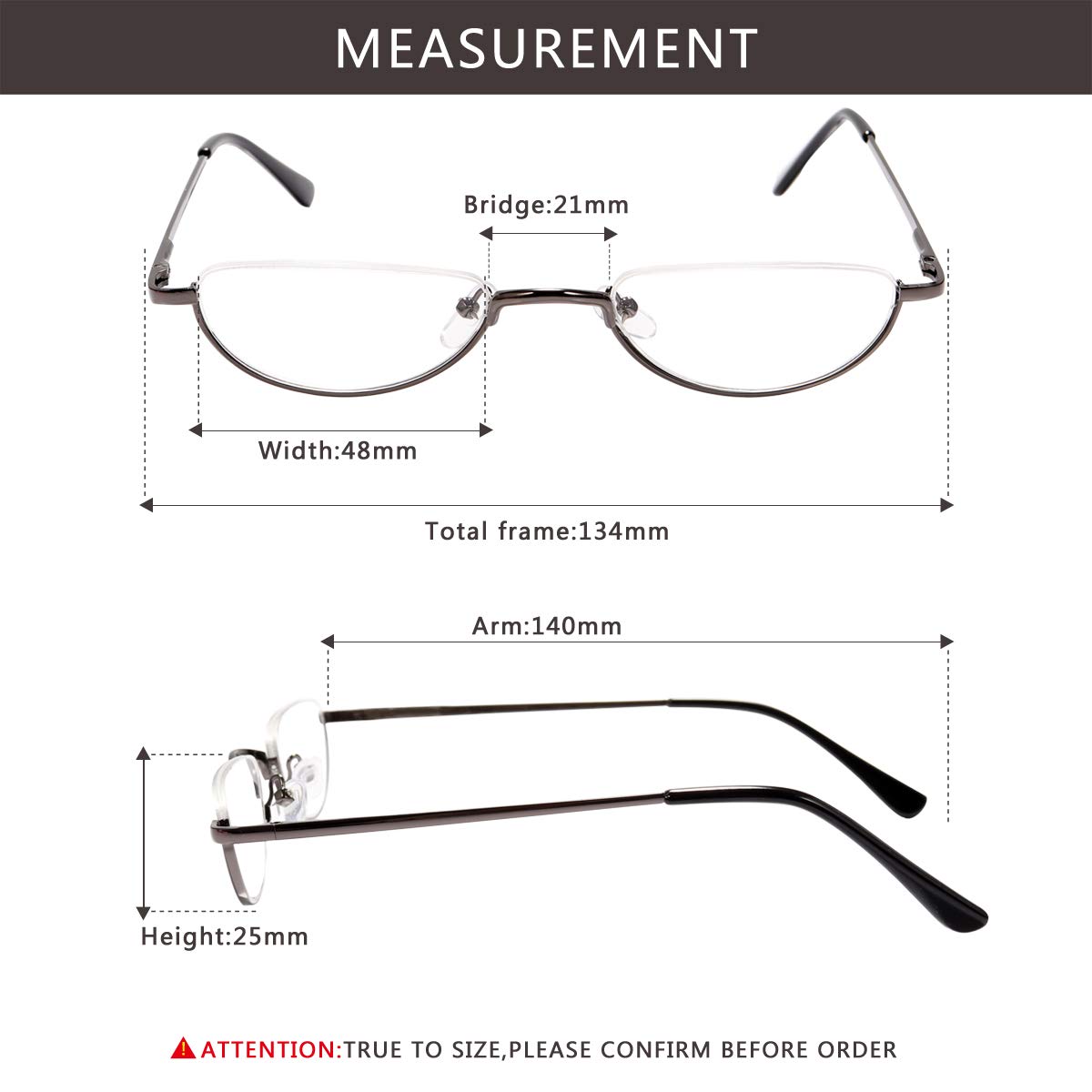 Fuaisi Vintage Alloy Half Moon Classic Reading Glasses Men And Women Half Frame Slim Glasses (2 Pairs/Gold+Gun, 150)