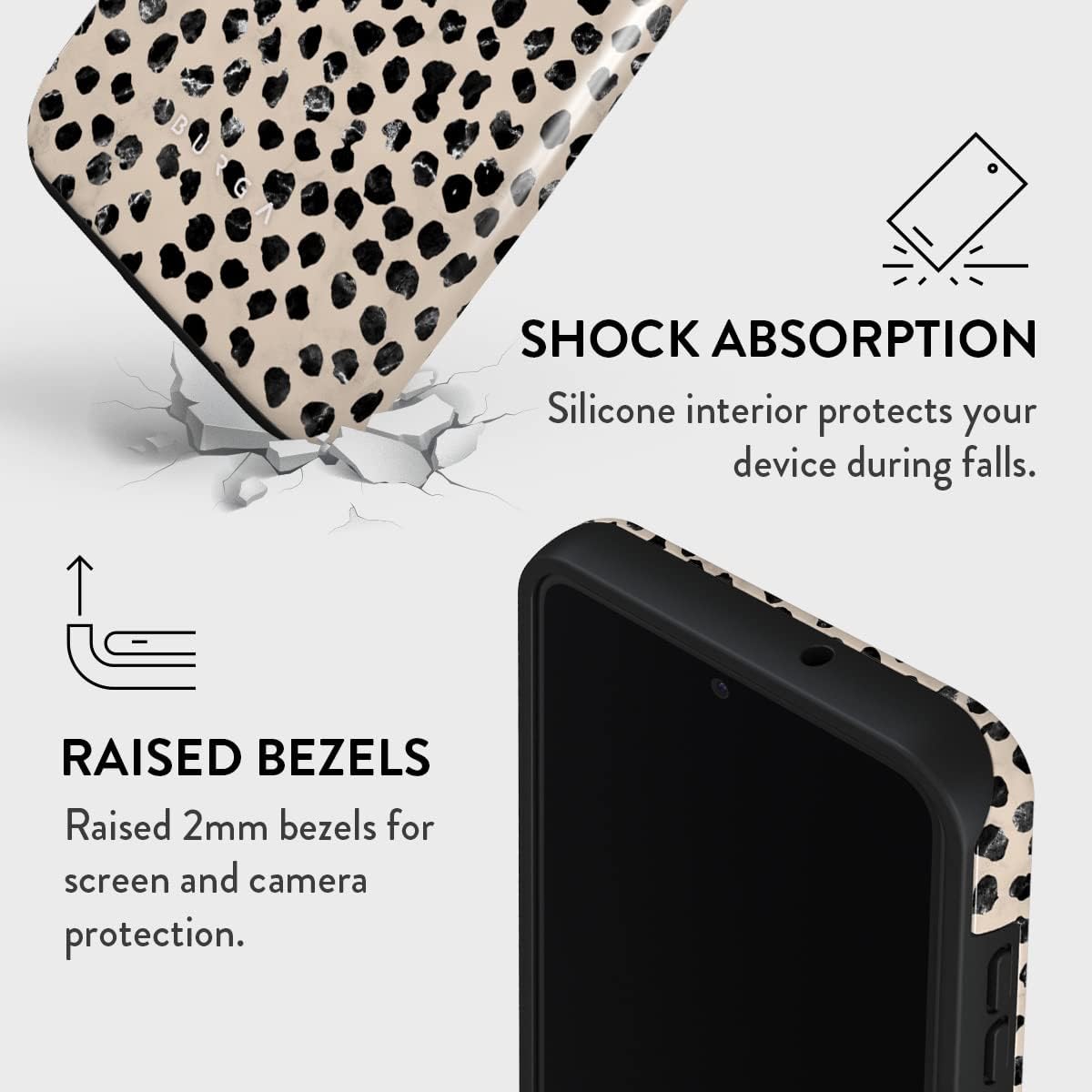 BURGA Phone Case Compatible with Samsung Galaxy S23 Plus - Hybrid 2-Layer Hard Shell + Silicone Protective Case -Black Polka Dots Pattern Nude Almond Latte - Scratch-Resistant Shockproof Cover