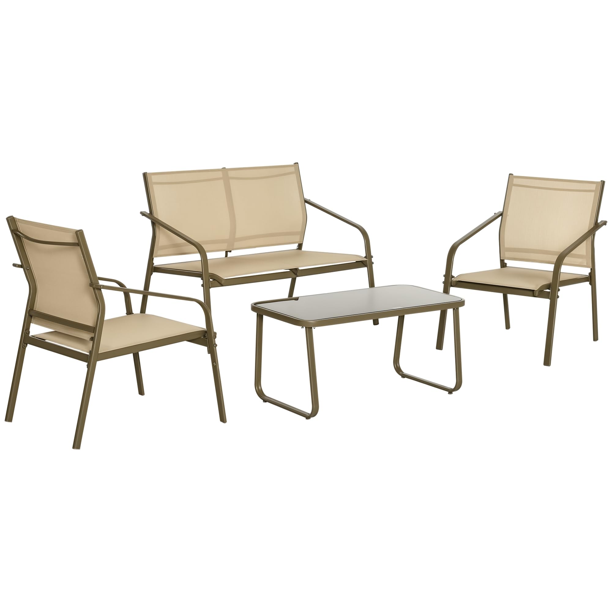 Outsunny Set Giardino Esterno 4 Pezzi, Salotto da Giardino con 2 Sedie, 1 Divanetto e 1 Tavolino da Caffè in Metallo e Texteline, Kaki