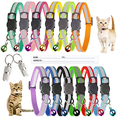 SMXXO 12 Pack Cat Collars with Bells Relective-Breakaway Set,Adjustable Safety Kitten Collar for Girl Boy,with 2 Name ID…