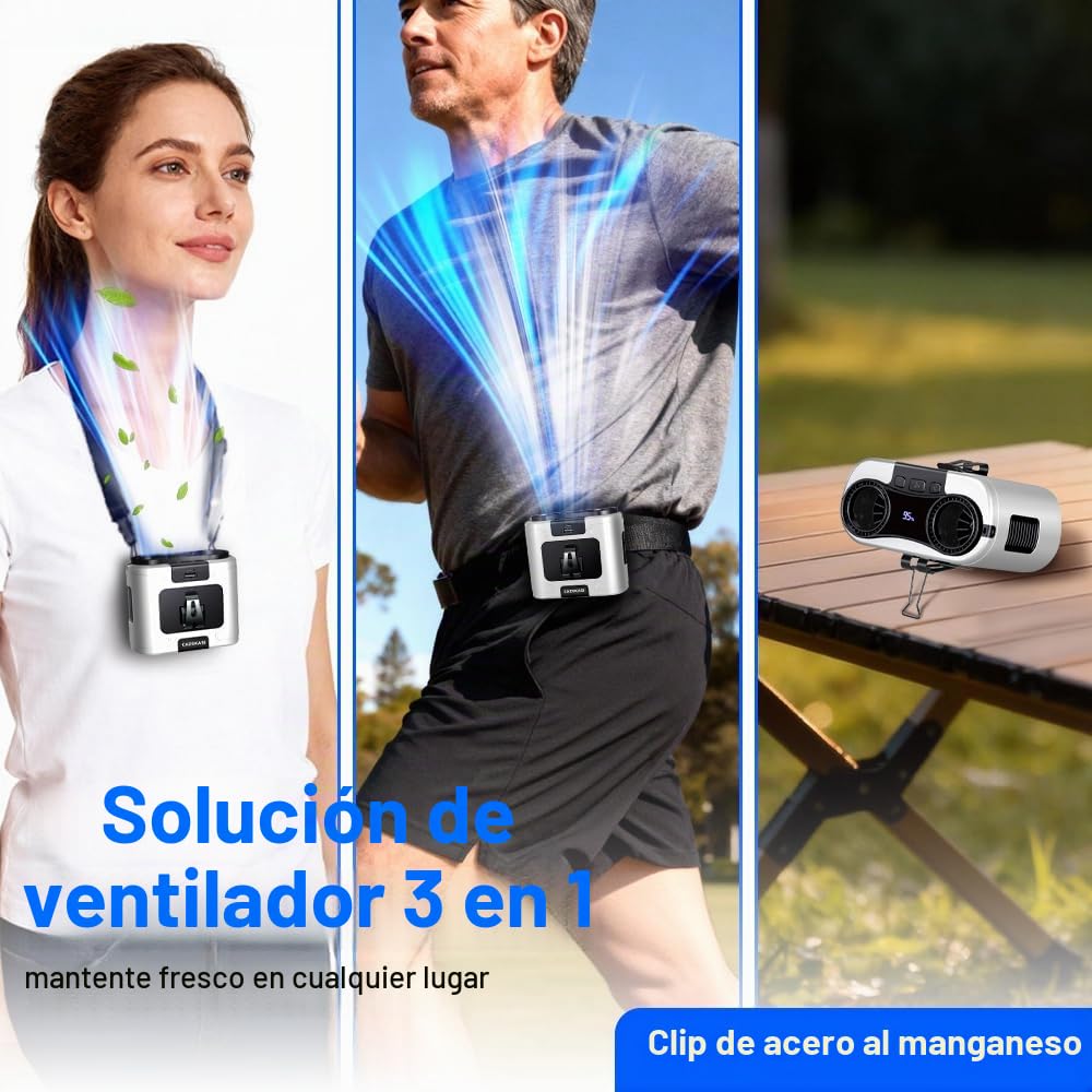 Cazokasi 2026 Ventilador de clip de cintura recargable de 20000 mAh Ventilador portátil para el cuerpo Ventilador personal potente de hasta 40H Ventilador de enfriamiento y prevención de golpes de