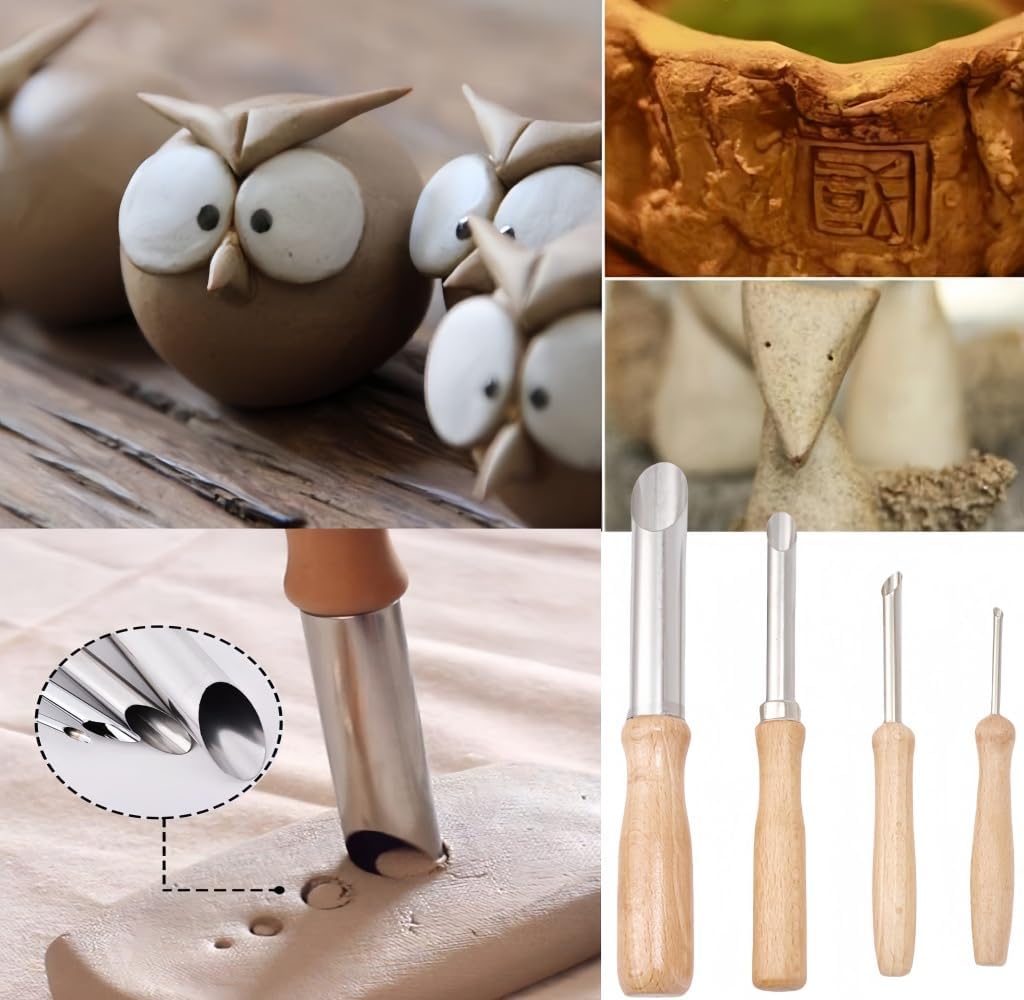Accfore 3 Sizes Rubber Pottery Clay Ribs+4 Stainless Steel Circular Clay Hole Cutters+1 Clay Ceramic Needle + 1 Feather Wire Texture Detail Tools Crafts for Sculpting Texturing Artists Modeling Potter