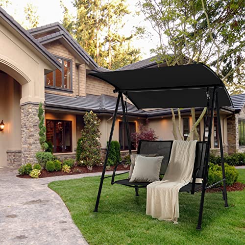 Image of Tangkula 2 Person Porch Swing, Patio Swing with Adjustable Canopy, Comfortable Fabric Seat & Heavy-Duty Steel Frame, Outdoor Canopy Swing for Patio, Garden, Poolside (Black)
