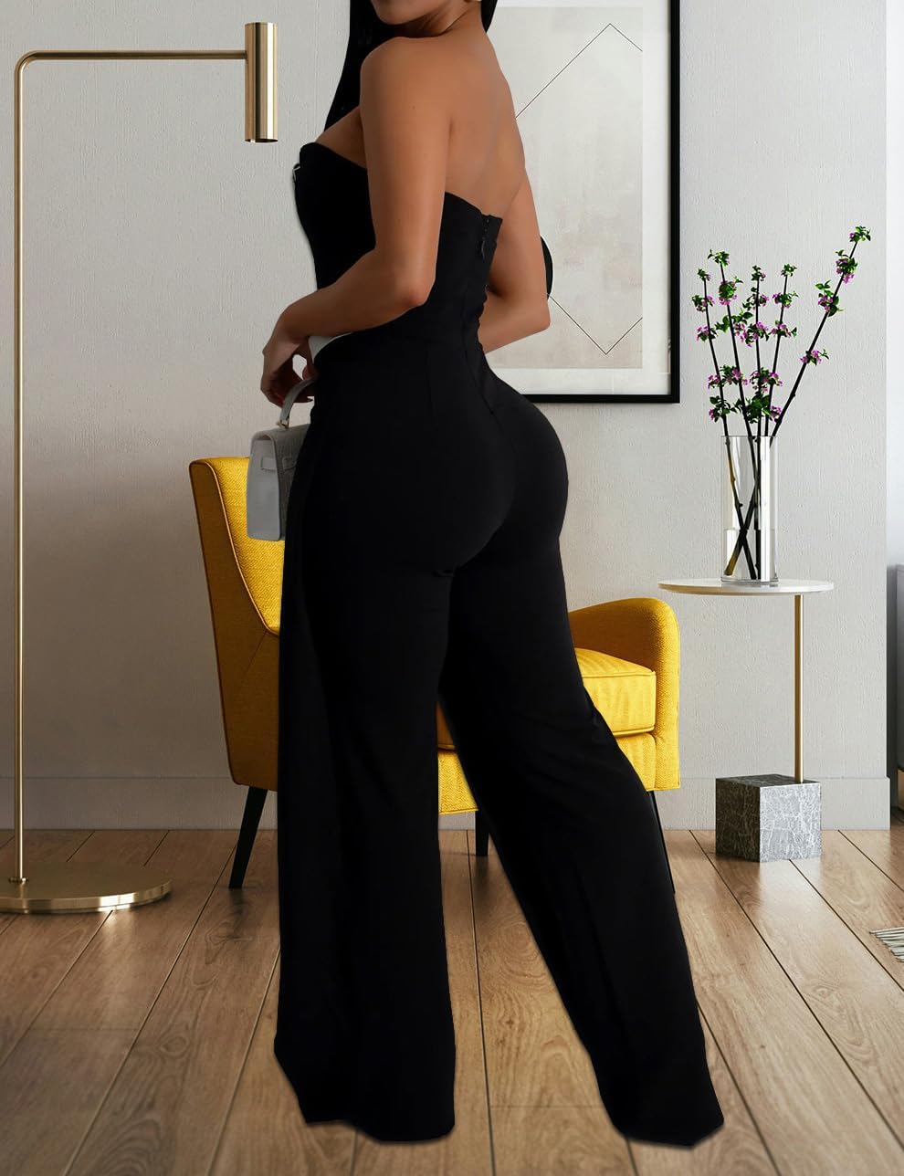 Yuopeid Women's Elegant Color Block Off Shoulder Sleeveless High Waist Wide Leg Slim Fit One Piece Romper Jumpsuit - Image 2