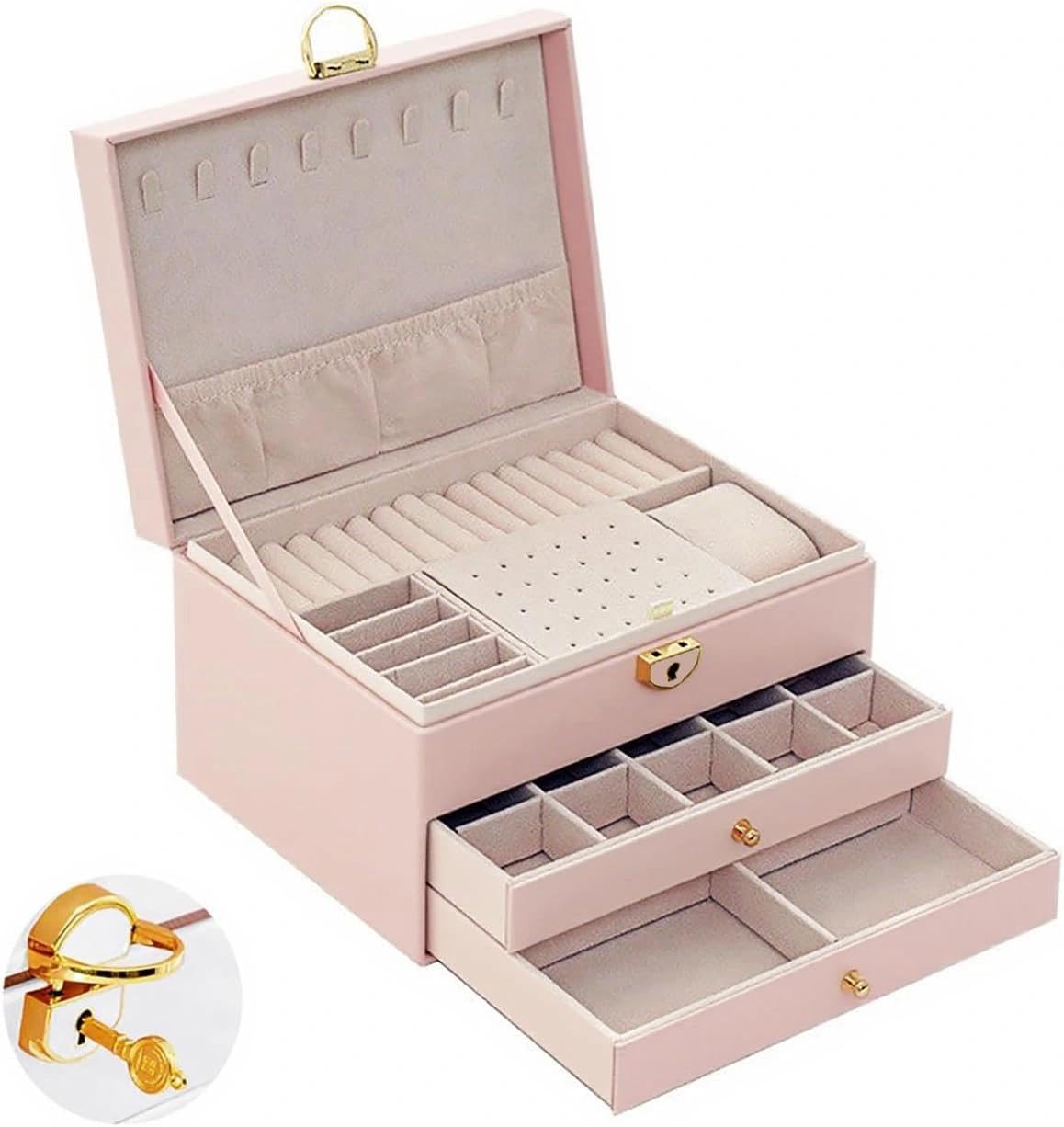 Joyero de 3 niveles, apilable, 2 cajones, caja de almacenamiento con compartimentos, con cerradura y llave, para pendientes, anillos, pulseras, collares (rosa)