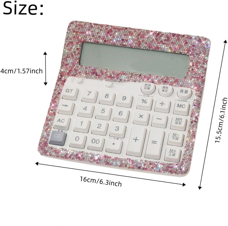 Bling Desk Calculator Large 12 Digit Display, Crystal Rhinestone Dual Power Basic Calculator Desktop, Big Button for Office, Business, Home and School -Pink