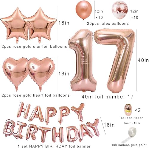 Miniatura 2 de Kit de globos de feliz cumpleaños de oro rosa, globo número 17, globo de papel de aluminio número 17, globo de papel de aluminio de confeti, globo