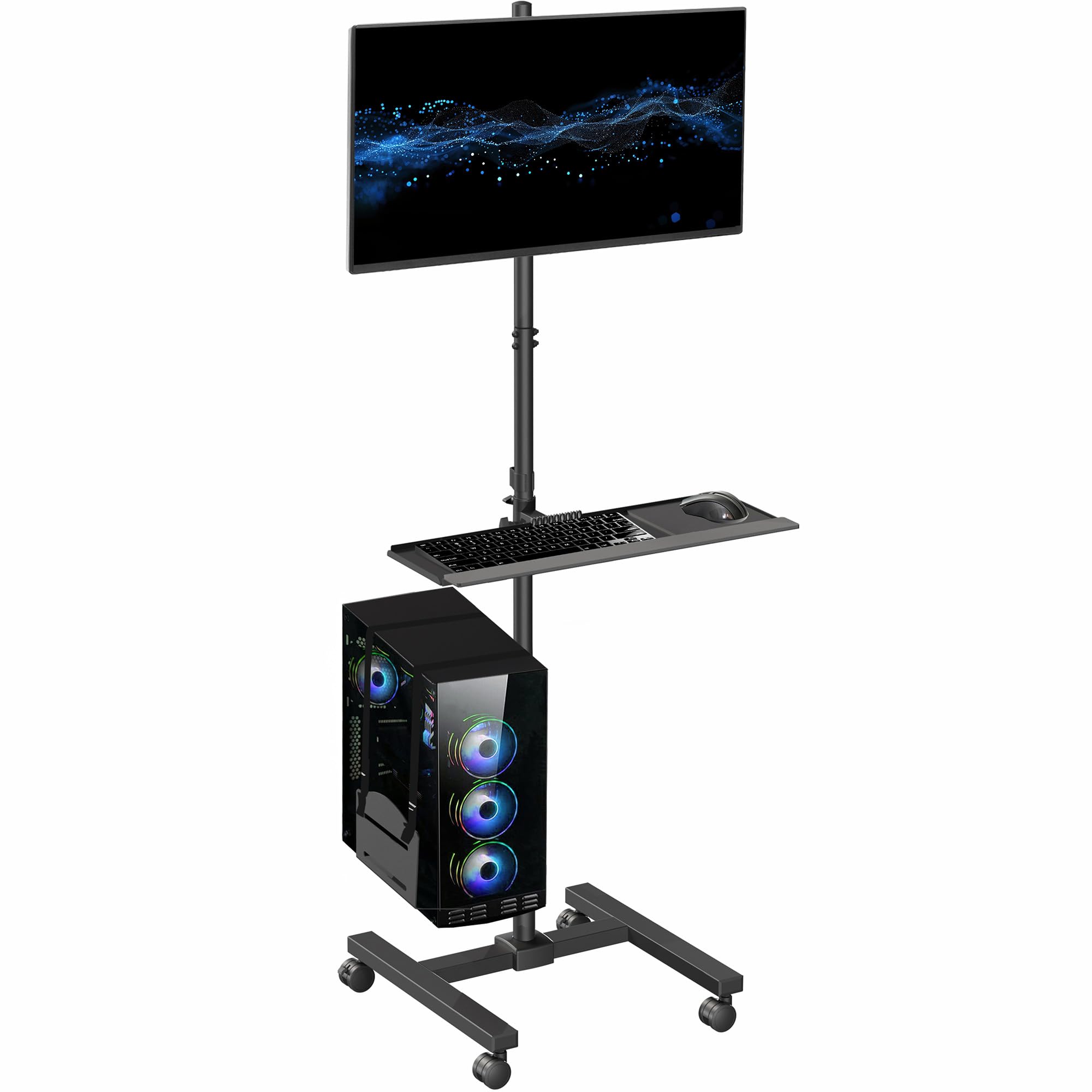 VIVO Mobile Computer Cart with Monitor Mount for up to 32” Screens, Rolling PC Desk Workstation, Full Keyboard Tray, Adjustable CPU Holder, Black, CART-PC02T