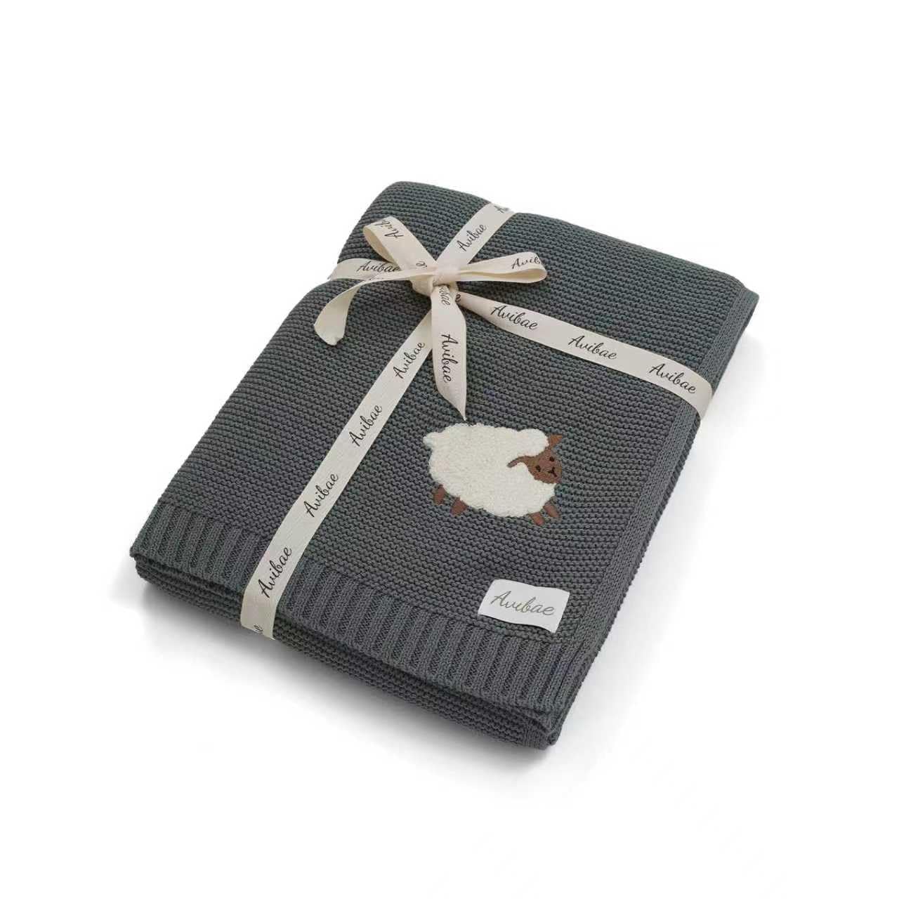 Avibae Cotton Baby Blanket for Newborns, Receiving Knit Blanket for Pram, Cot & Car Seat with Cute Lamb Pattern 100x80cm