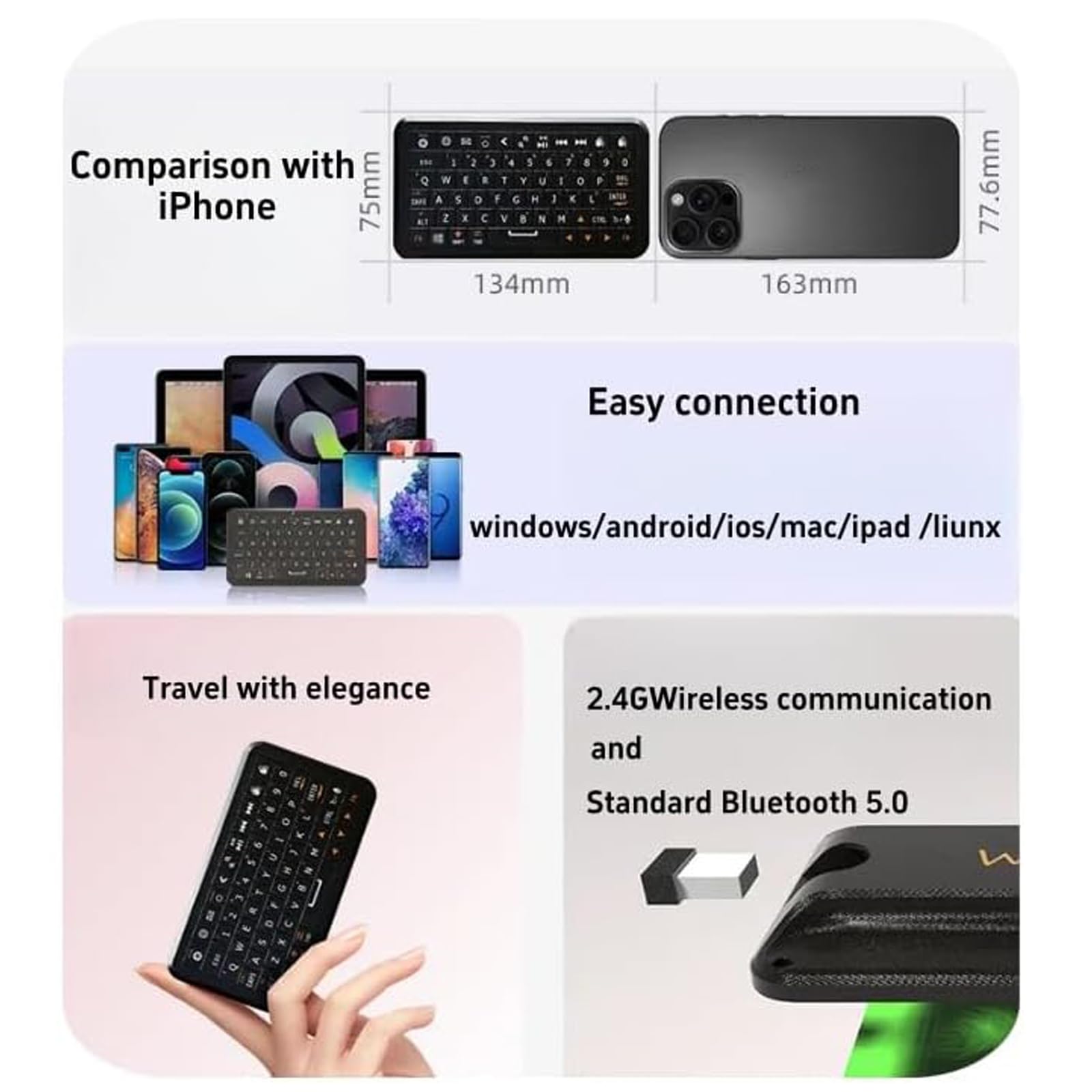 Generico Mini tastiera Bluetooth 5.0/2,4 GHz, sensore giroscopico, 64 tasti, portatile da viaggio, retroilluminazione RGB, ricaricabile tramite Type-C, compatibile con Windows, iOS e Android (NERO)