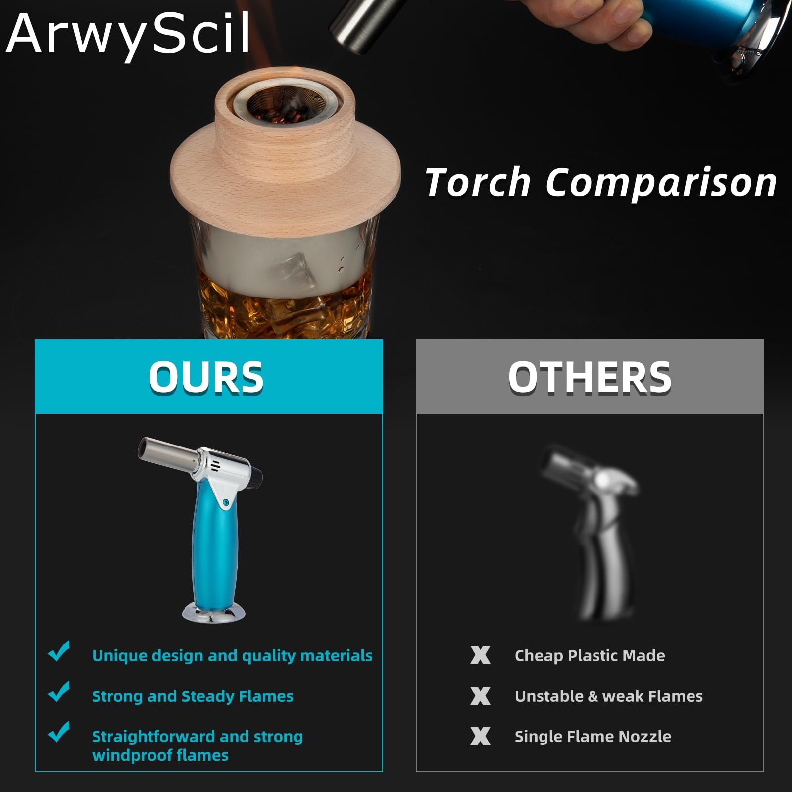 Kit de ahumador de cóctel con antorcha, kit de infusor de whisky antiguo para fiesta, 6 sabores para cóctel, whisky, amante del ahumador de bourbon, regalos para cumpleaños, hombres, papá, marido (sin