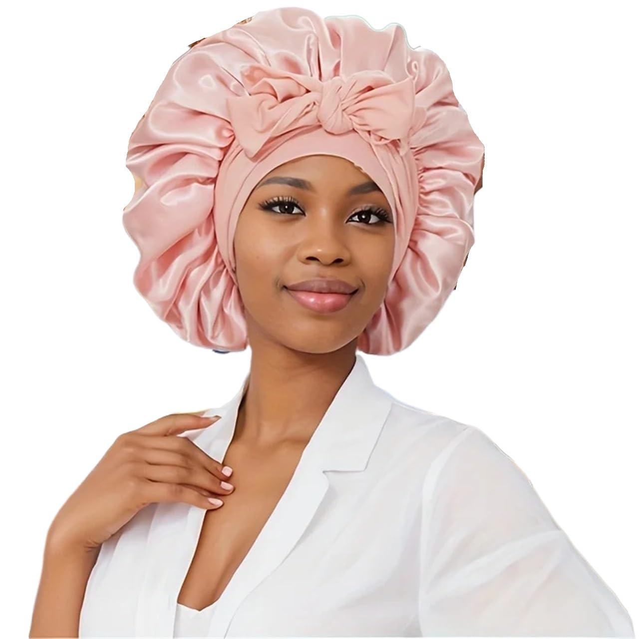 Seidenhaube Haarpflege 2 Stück Satinhauben mit Bindeband (Rosa + Schwarz), Schlafmütze for Frauen, weiche Haarpflege-Nachtschlafmützen, vielseitig verwendbare Haarhauben