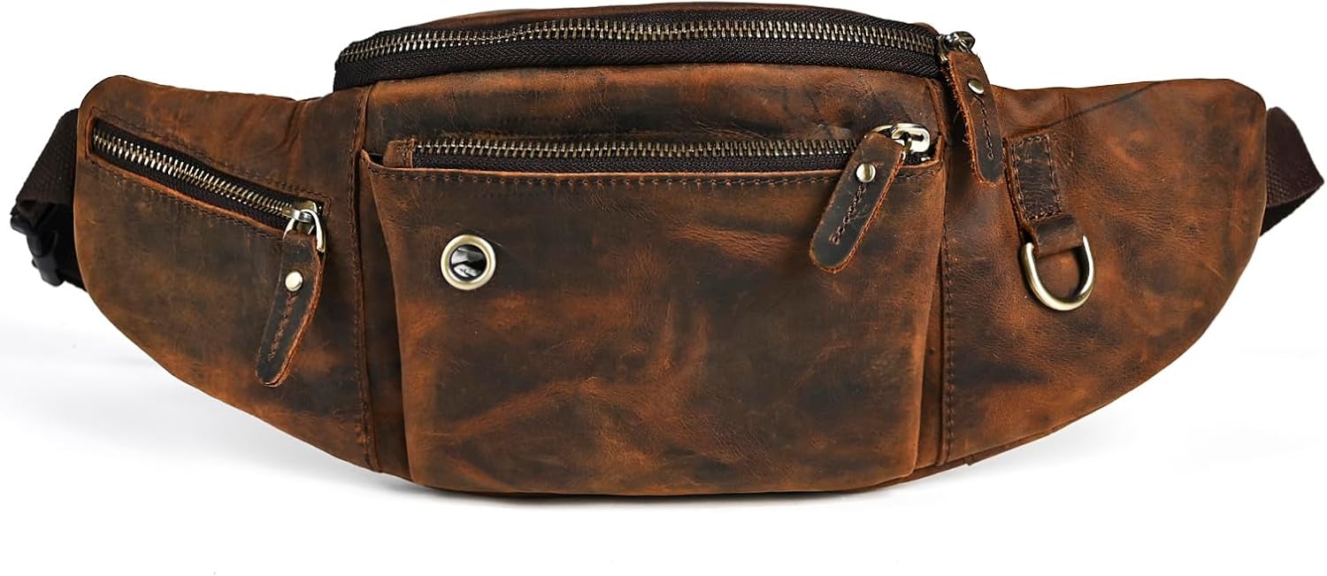 Thick Crazy Horse Leather Hiking Riding Travel Outdoor Belt Bag Fanny Waist Pack Small Phone Pouch For Men Women 380 (389 Brown)