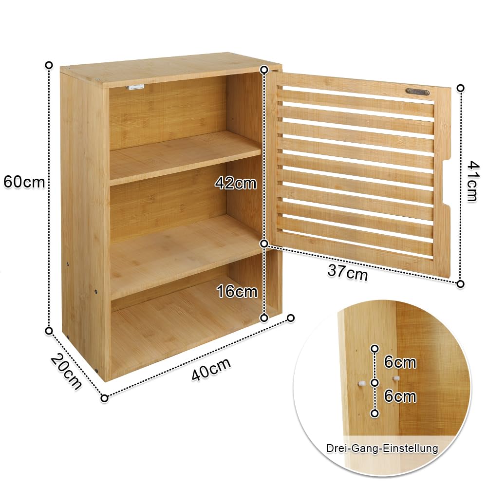 Armadietto sospeso da bagno, in bambù, con porta di ventilazione e 3 ripiani, mensola da parete per cucina e WC, salvaspazio e resistente all'umidità, 60 x 40 x 20 cm (colore legno)