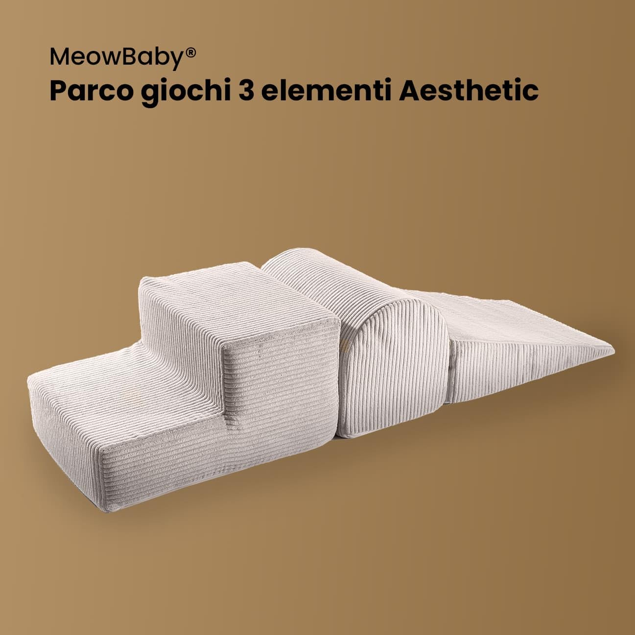 MEOWBABY Playset in Schiuma Morbida - Percorso a Ostacoli per Bambini, 3 Blocchi Modulari, Area Giochi Sicura e Interattiva 145x45 cm, Perfetto per Neonati e Prima Infanzia, Kord, Crema