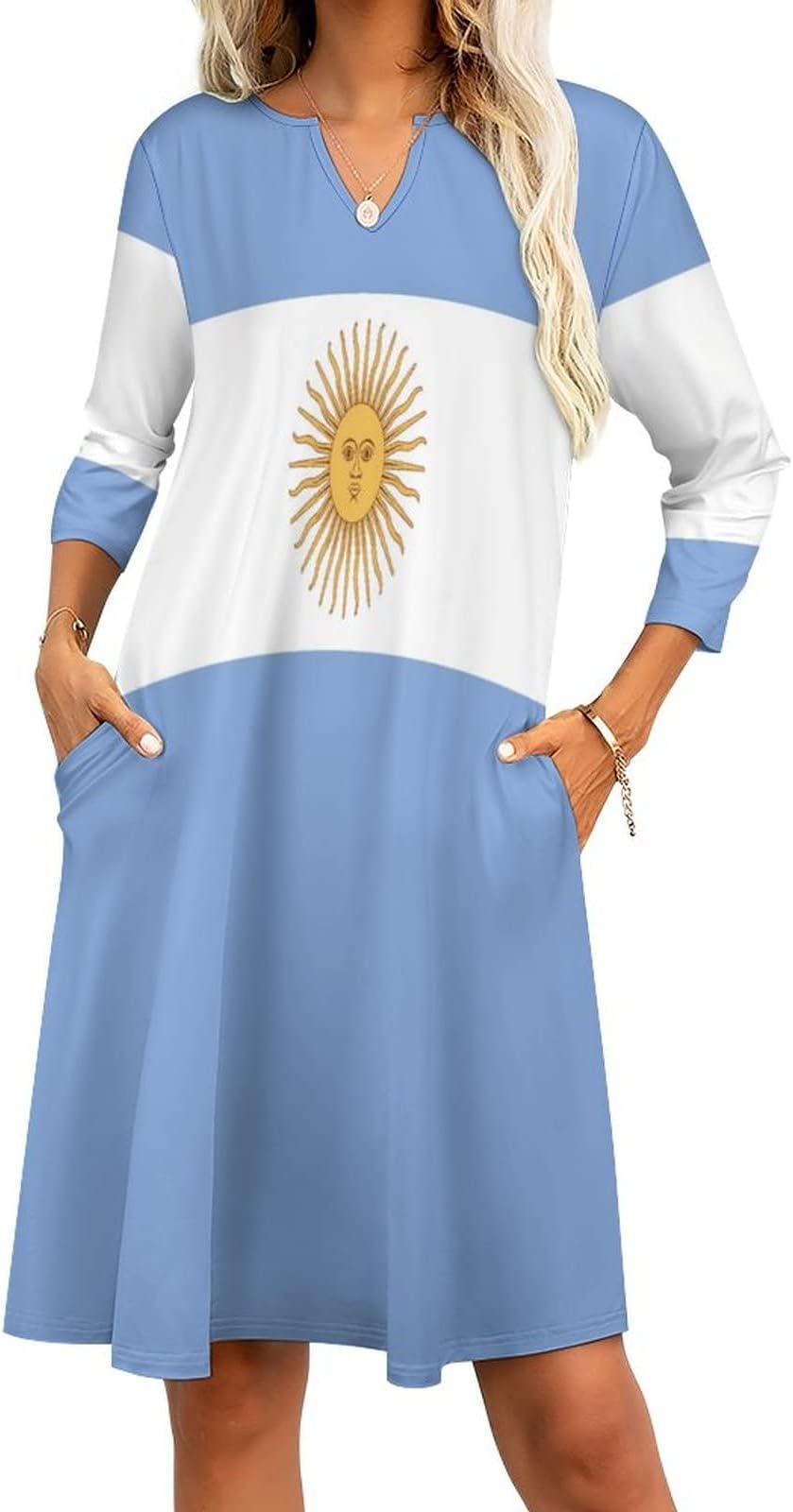 Skirts for Womens Summer Fall Dress Top Argentina Flag Casual V Neck Long Dress for Fashion Womens Dress M
