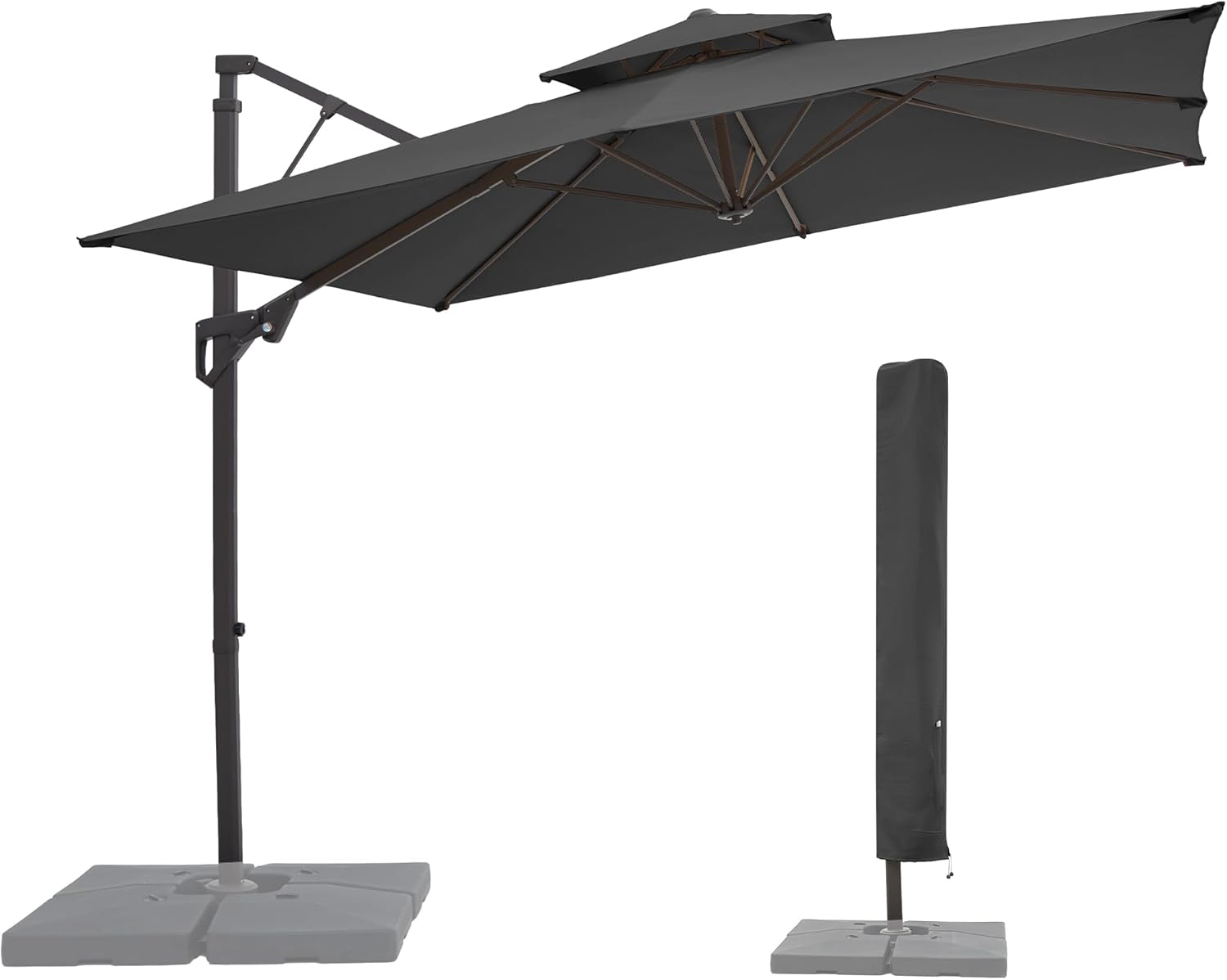 JEAREY 9ft Cantilever Patio Umbrella Outdoor Square Large Offset Umbrella Double Top Roating Heavy Duty Sun Umbrella for Patio Lawn Garden Backyard and Pool,Gray