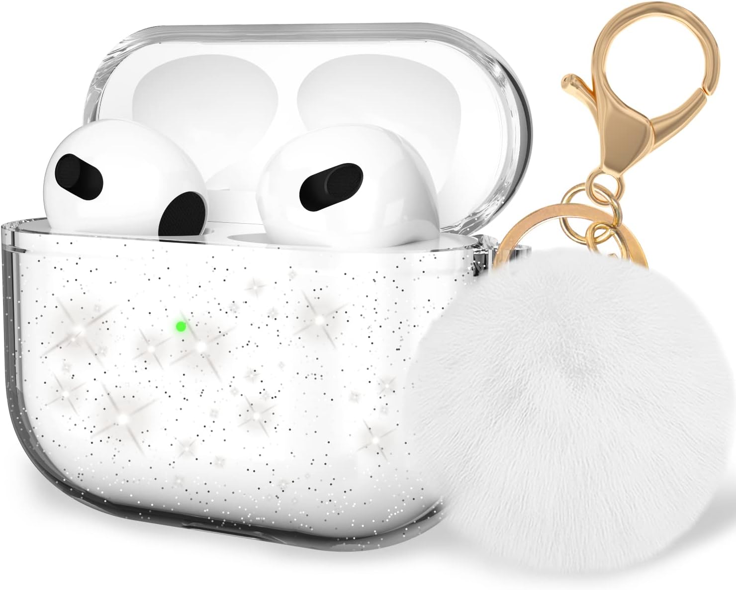 Aiikofor Airpod Case 3rd Generation Clear Glitter with Cute Pompom Keychain Soft TPU Shockproof Protective Airpod 3 Case Compatible Airpod Gen 3 Case (2021 Released) Women Girls-Glittery Clear